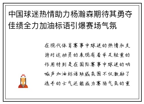 中国球迷热情助力杨瀚森期待其勇夺佳绩全力加油标语引爆赛场气氛