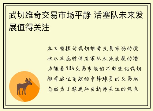 武切维奇交易市场平静 活塞队未来发展值得关注