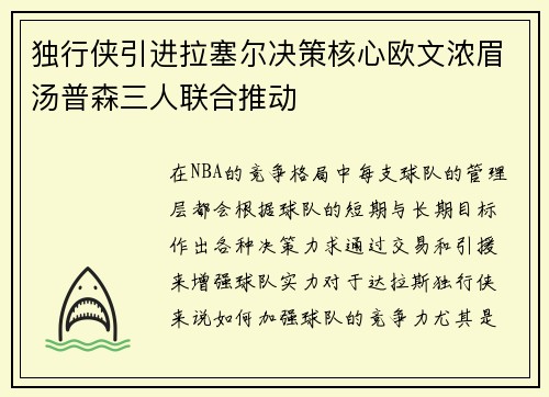 独行侠引进拉塞尔决策核心欧文浓眉汤普森三人联合推动