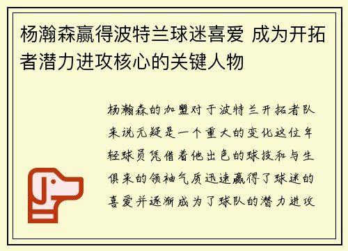 杨瀚森赢得波特兰球迷喜爱 成为开拓者潜力进攻核心的关键人物